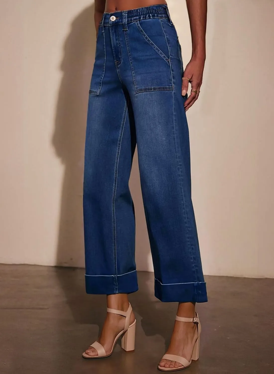 EVALESS Womens High Waist Wide Leg Jeans Trendy Cropped Denim Pants Solid Ankle Length Stretchy Jeans with Pockets