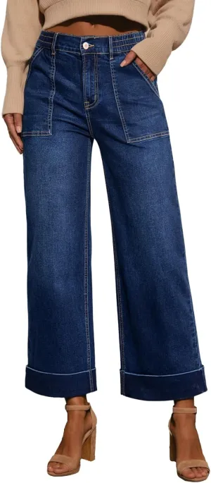 EVALESS Womens High Waist Wide Leg Jeans Trendy Cropped Denim Pants Solid Ankle Length Stretchy Jeans with Pockets