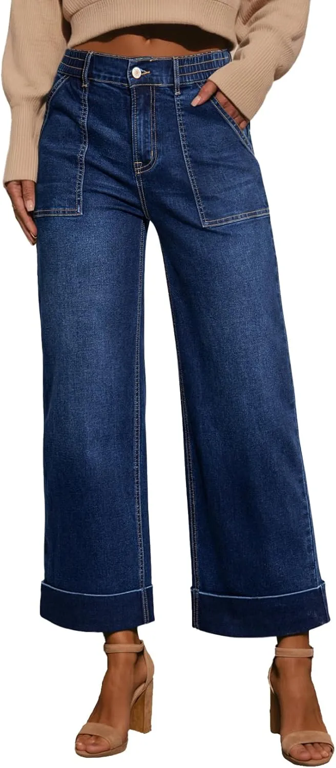 EVALESS Womens High Waist Wide Leg Jeans Trendy Cropped Denim Pants Solid Ankle Length Stretchy Jeans with Pockets