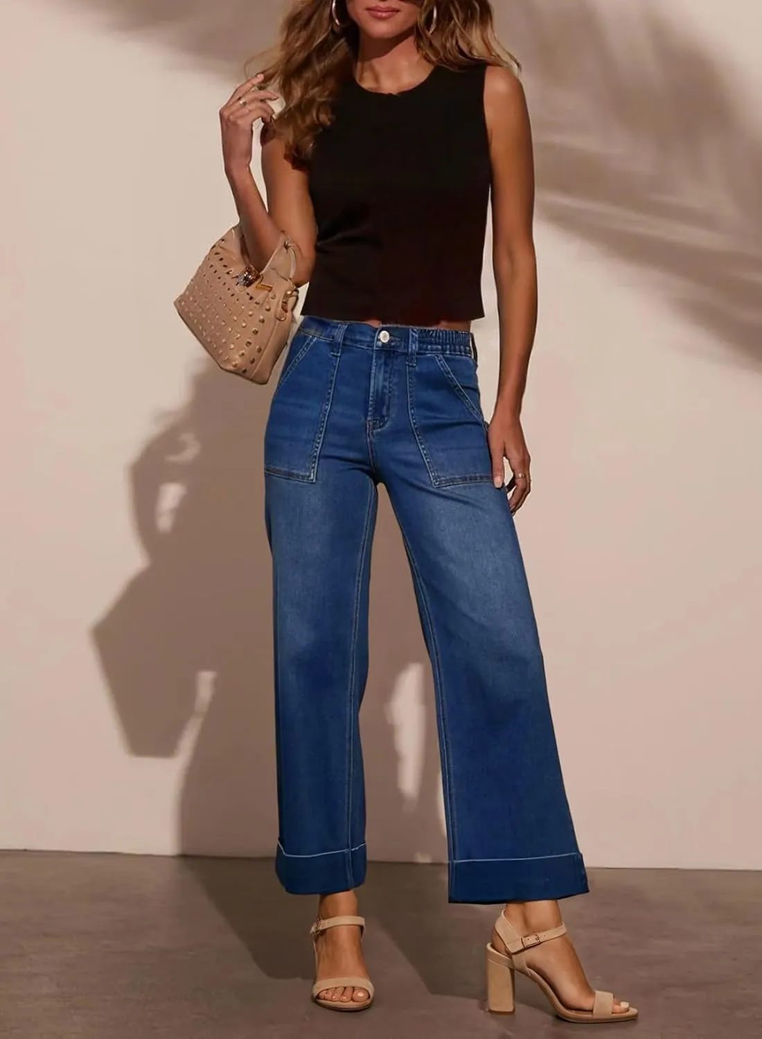EVALESS Womens High Waist Wide Leg Jeans Trendy Cropped Denim Pants Solid Ankle Length Stretchy Jeans with Pockets