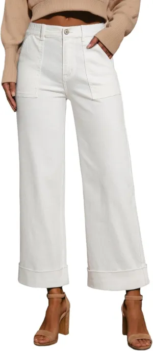 EVALESS Womens High Waist Wide Leg Jeans Trendy Cropped Denim Pants Solid Ankle Length Stretchy Jeans with Pockets