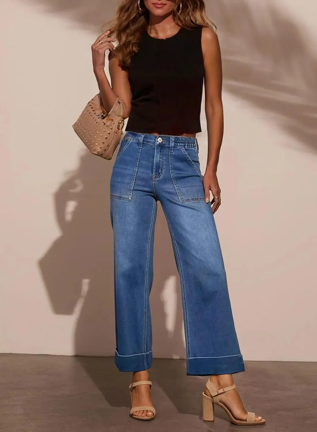 EVALESS Womens High Waist Wide Leg Jeans Trendy Cropped Denim Pants Solid Ankle Length Stretchy Jeans with Pockets