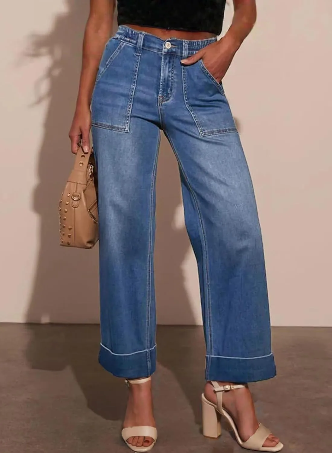 EVALESS Womens High Waist Wide Leg Jeans Trendy Cropped Denim Pants Solid Ankle Length Stretchy Jeans with Pockets