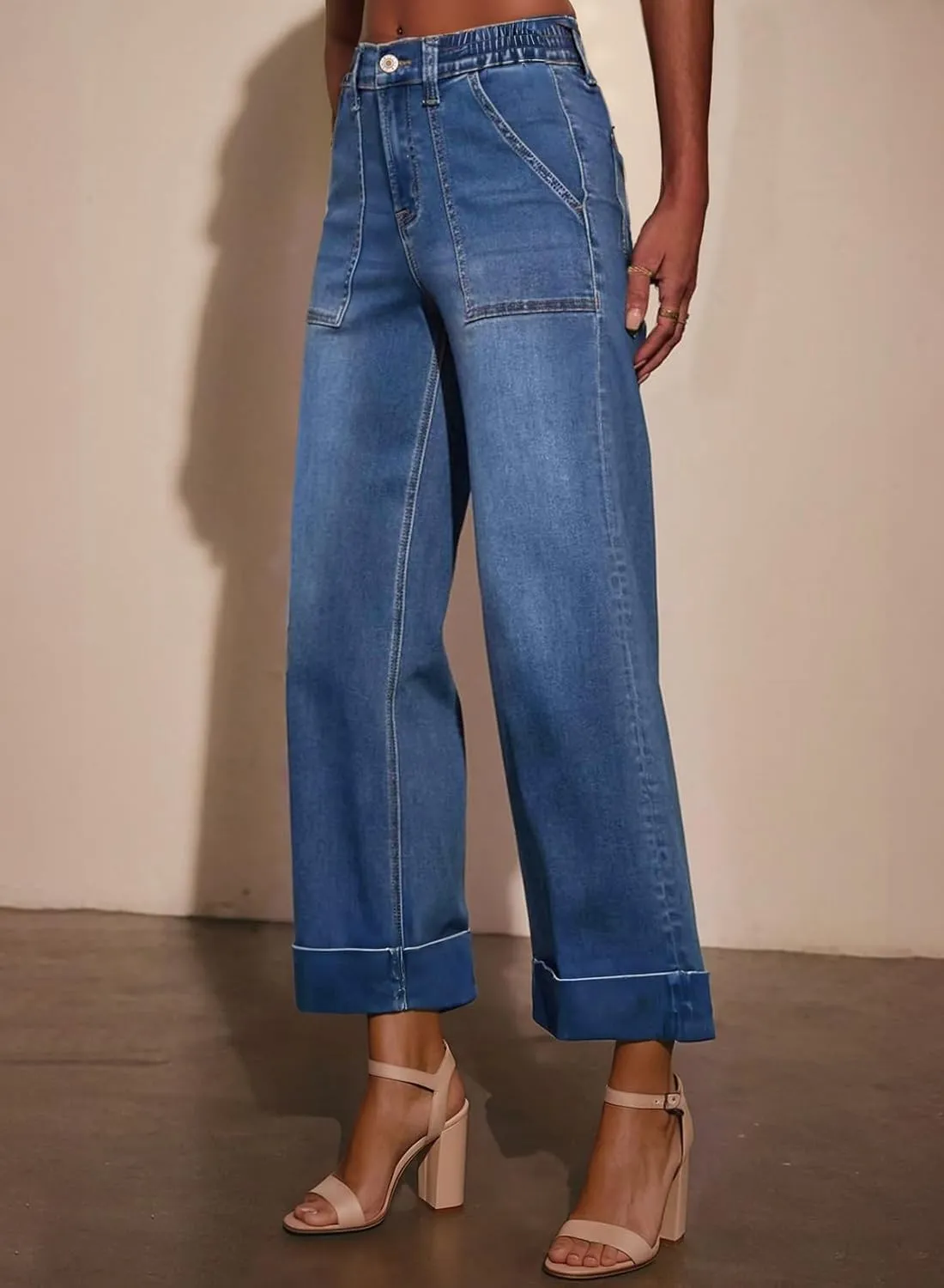 EVALESS Womens High Waist Wide Leg Jeans Trendy Cropped Denim Pants Solid Ankle Length Stretchy Jeans with Pockets