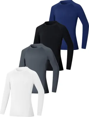 EXARUS 4 Pack Boys Compression Shirts Youth Long Sleeve Sports Base Layer Moisture Wicking Undershirts for Football 6-12Y