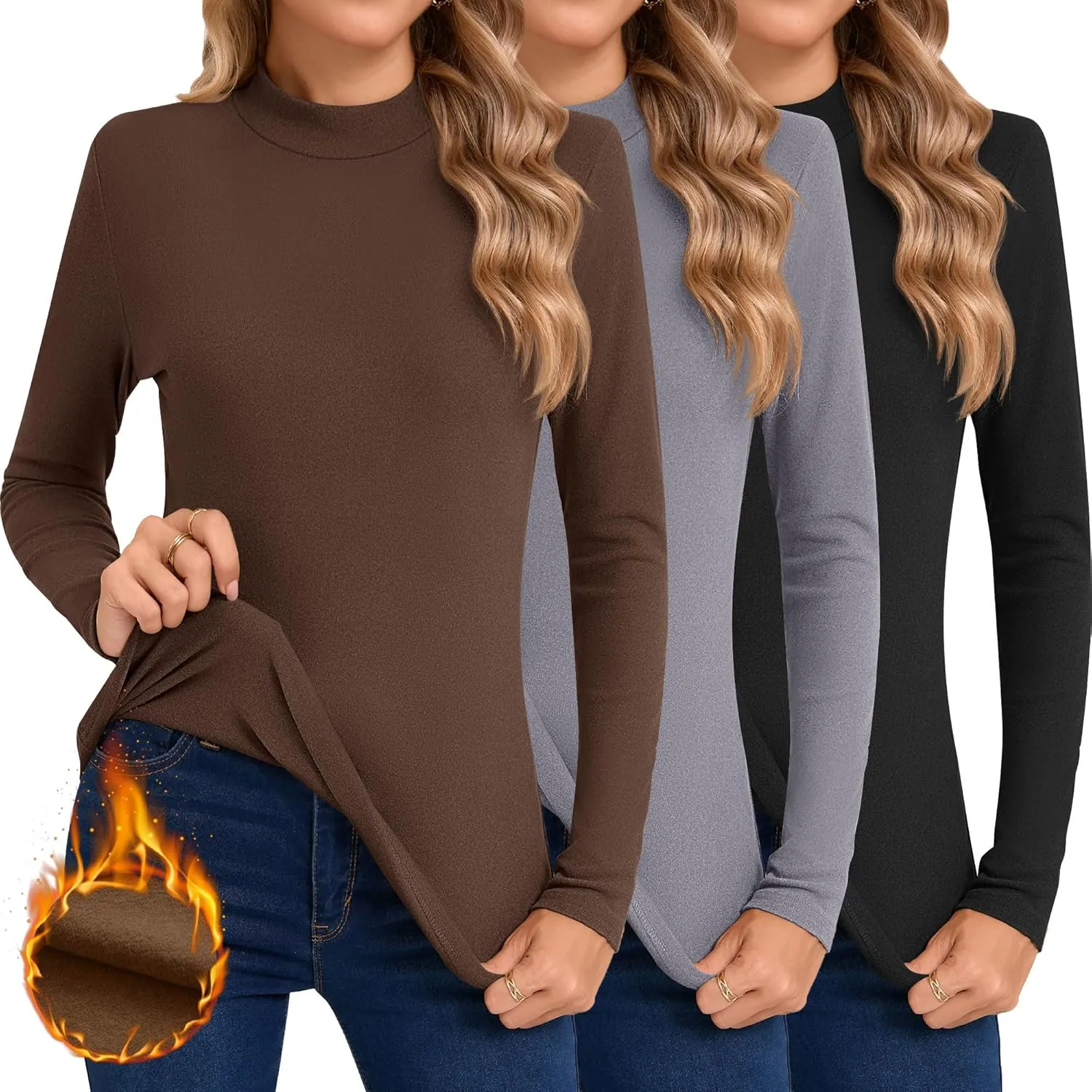 Ficerd 3 Pack Women's Mock Turtleneck Shirts, Fleece Lined Thermal Underwear Tops Long Sleeve Tight Base Layer Undershirts