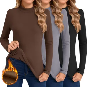 Ficerd 3 Pack Women's Mock Turtleneck Shirts, Fleece Lined Thermal Underwear Tops Long Sleeve Tight Base Layer Undershirts