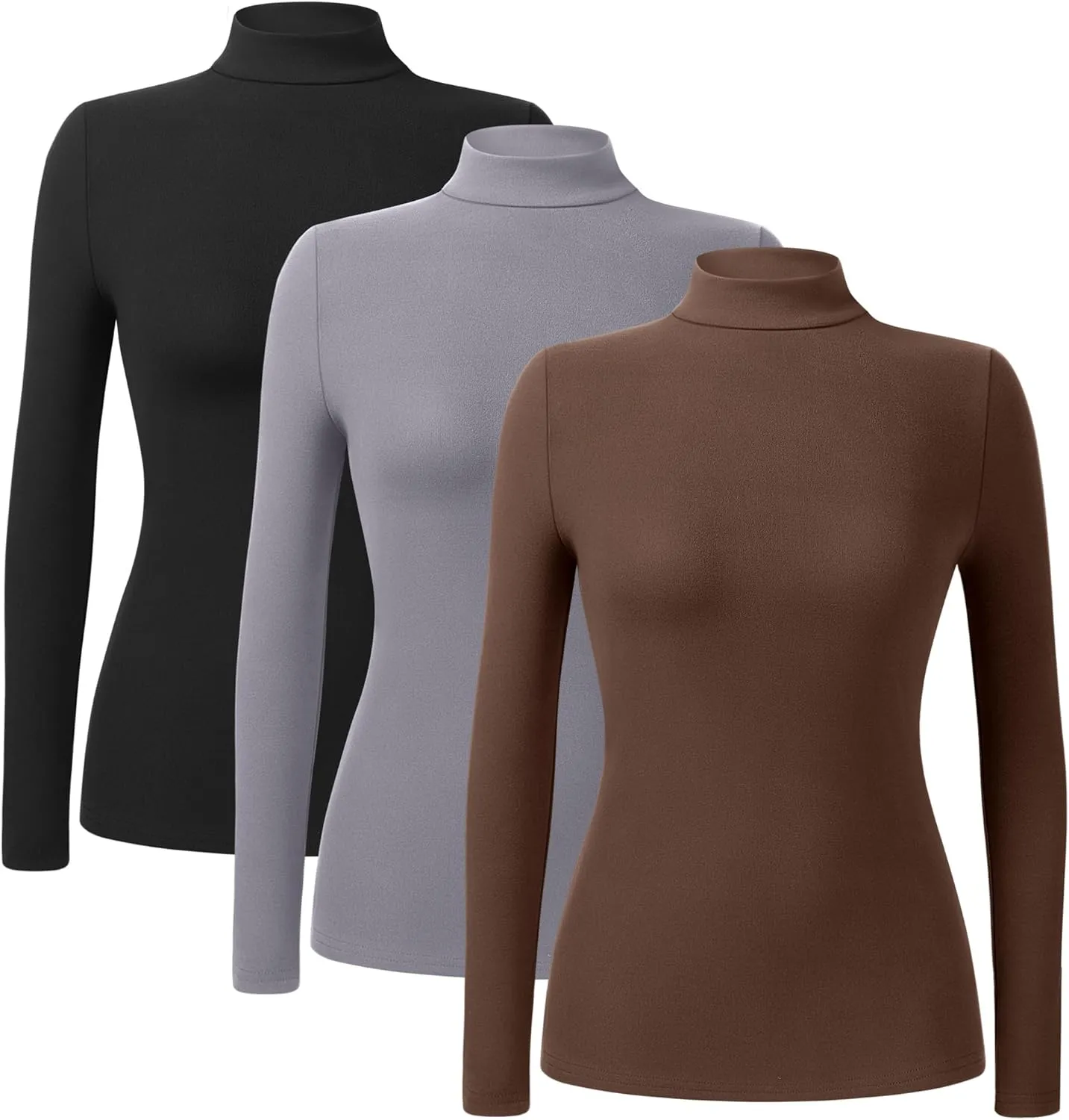Ficerd 3 Pack Women's Mock Turtleneck Shirts, Fleece Lined Thermal Underwear Tops Long Sleeve Tight Base Layer Undershirts