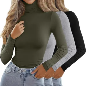 Ficerd 3 Pack Women's Turtleneck Tops, Long Sleeve Casual T-Shirts Slim Fitted Underwear Tops Thermal Base Layer Undershirts