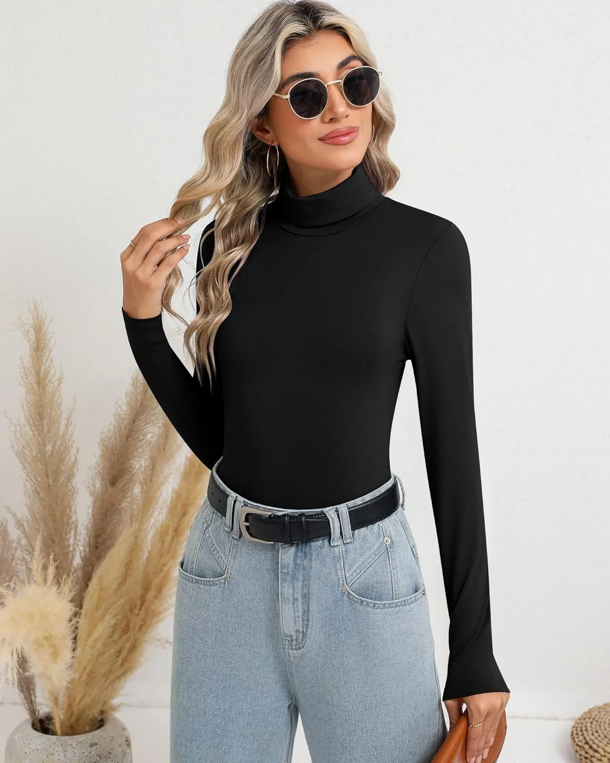 Ficerd 3 Pack Women's Turtleneck Tops, Long Sleeve Casual T-Shirts Slim Fitted Underwear Tops Thermal Base Layer Undershirts