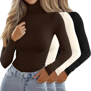 Ficerd 3 Pack Women's Turtleneck Tops, Long Sleeve Casual T-Shirts Slim Fitted Underwear Tops Thermal Base Layer Undershirts