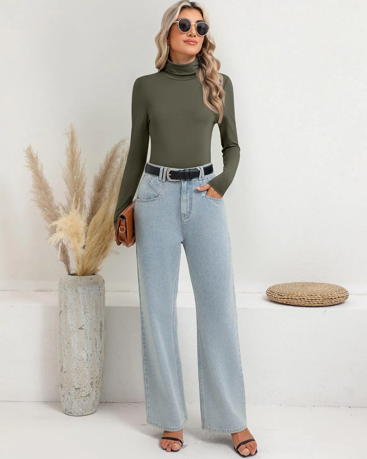 Ficerd 3 Pack Women's Turtleneck Tops, Long Sleeve Casual T-Shirts Slim Fitted Underwear Tops Thermal Base Layer Undershirts