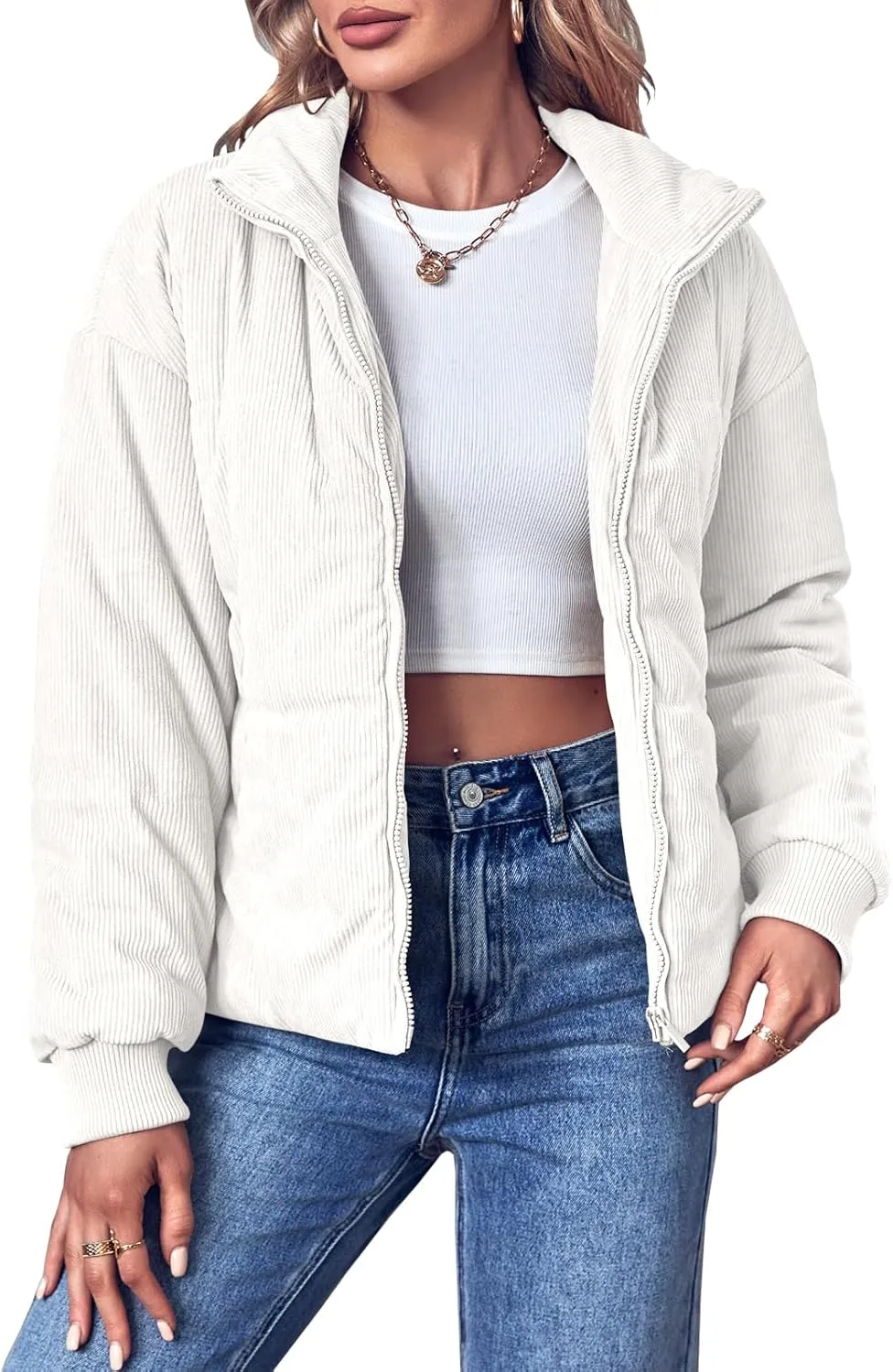 Fisoew Women's Corduroy Quilted Puffer Jackets Long Sleeve Zip Up Stand Winter Down Coat with Pockets