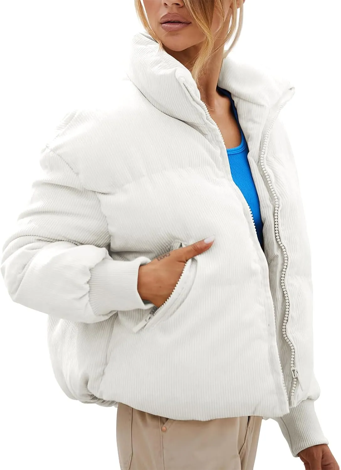 Fisoew Women's Corduroy Quilted Puffer Jackets Long Sleeve Zip Up Stand Winter Down Coat with Pockets