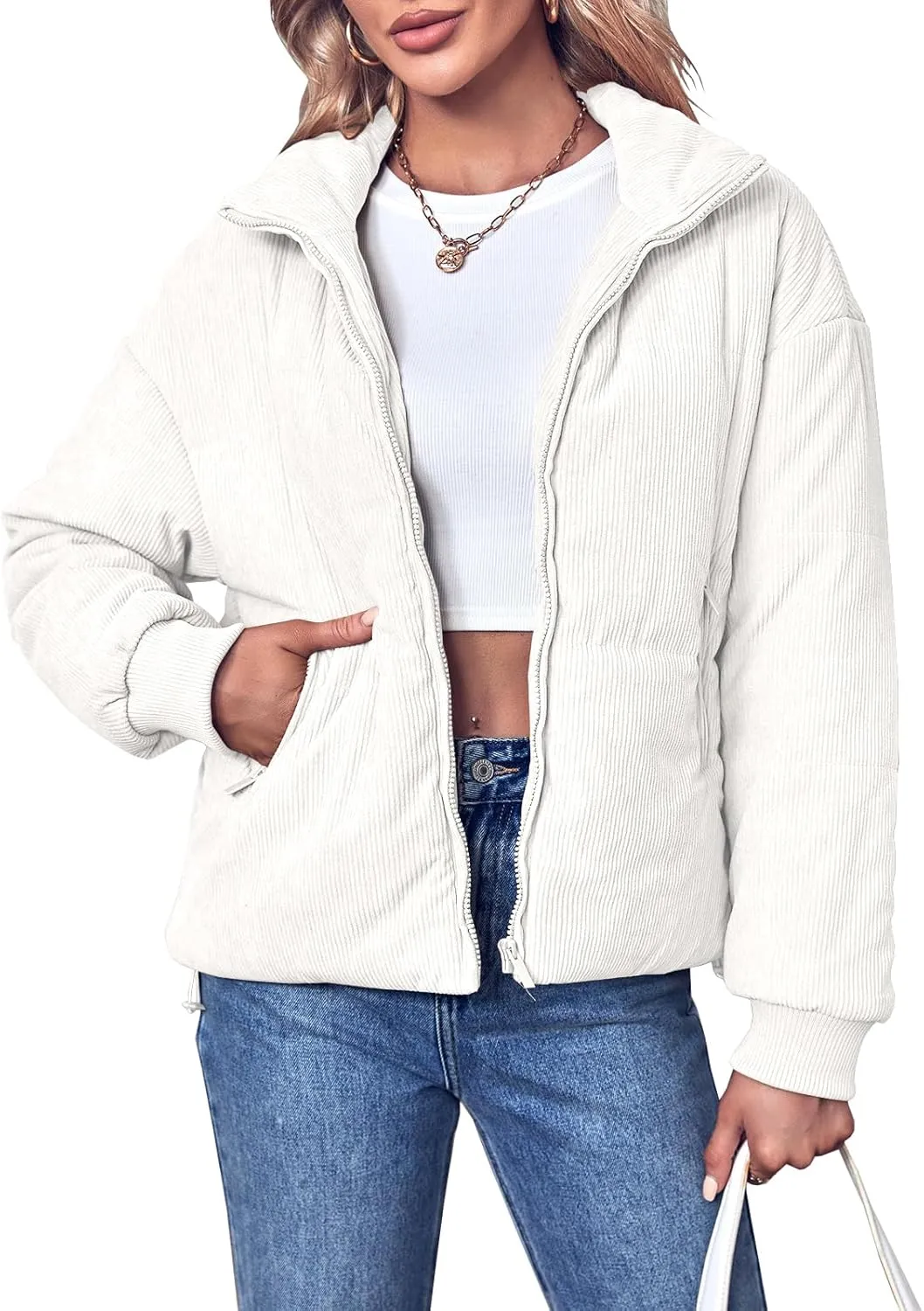 Fisoew Women's Corduroy Quilted Puffer Jackets Long Sleeve Zip Up Stand Winter Down Coat with Pockets