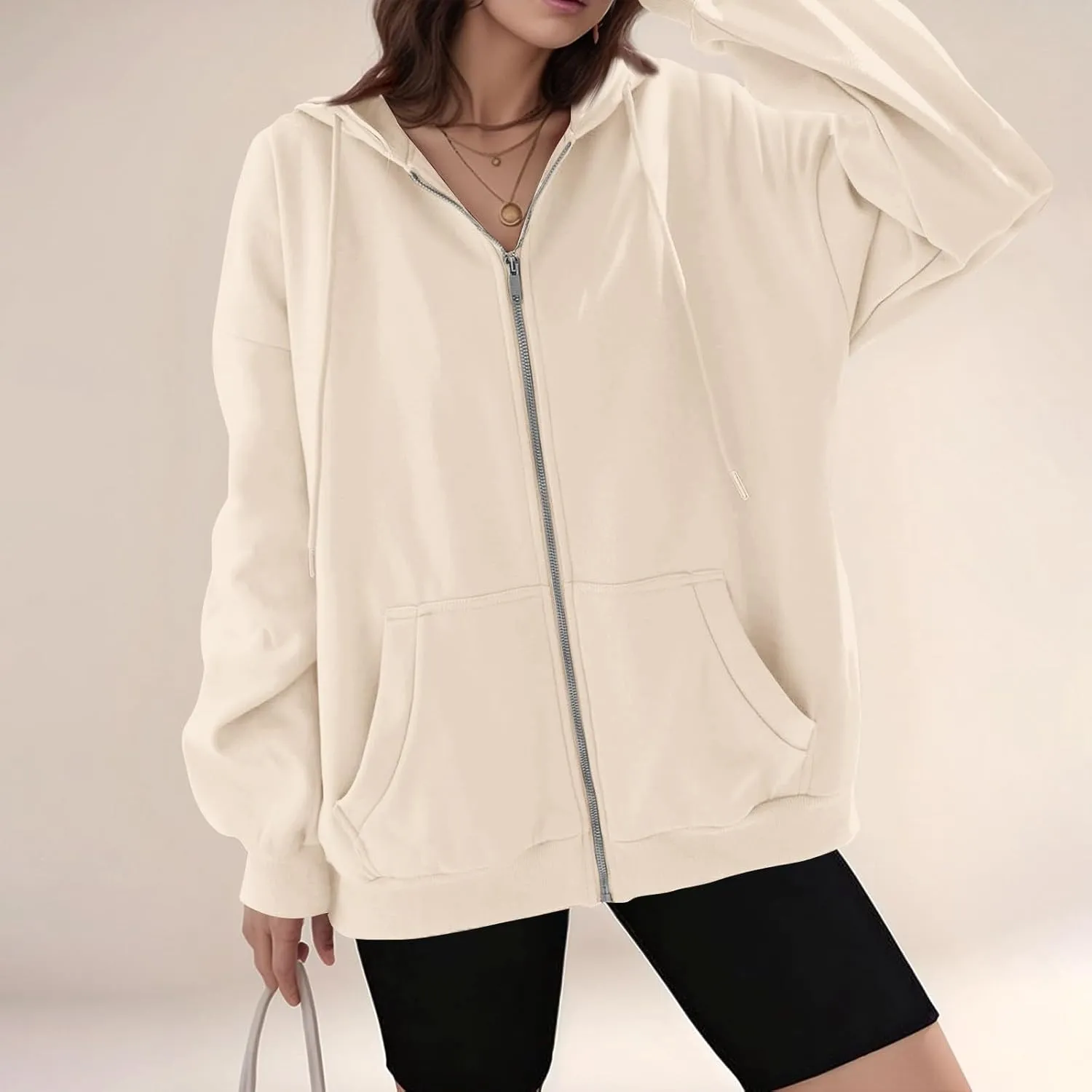 Fleece Zip Up Hoodie Women Oversized Drawstring Hooded Sherpa Jacket Full Zipper Baggy Fuzzy Sweatshirts with Pockets