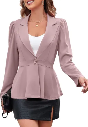 Genhoo Women's Business Casual Blazer Jackets Dressy Puff Sleeve Single Button Peplum Comfy Work Office Blazers