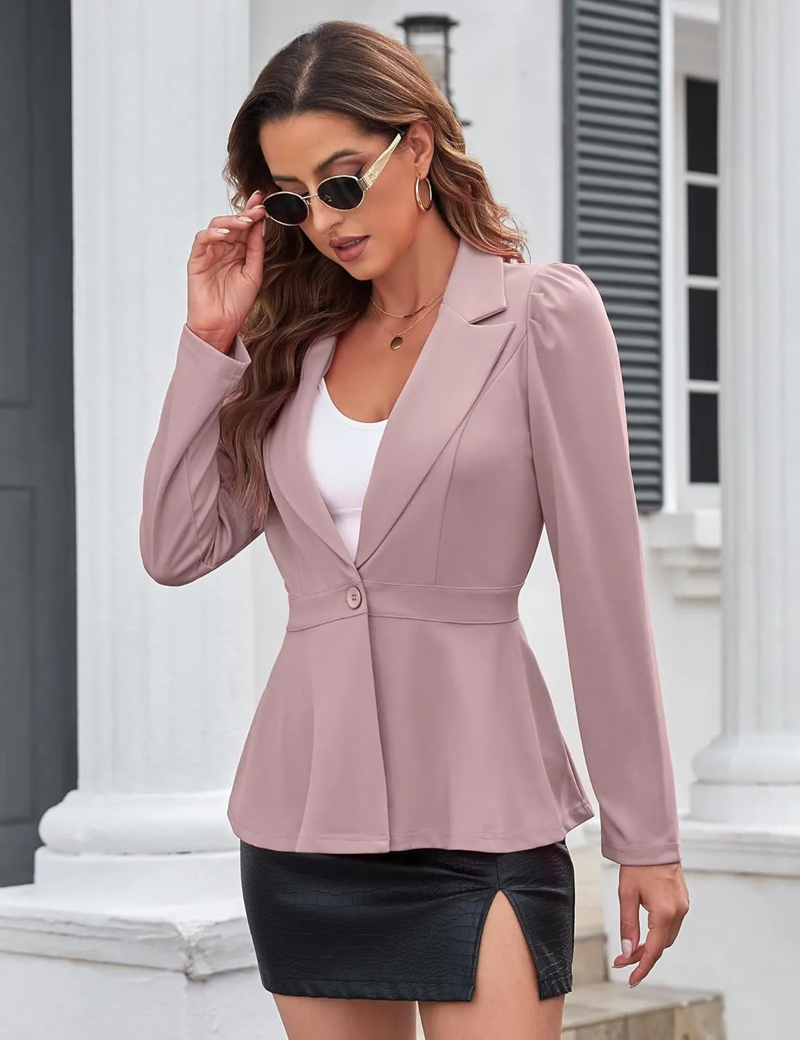 Genhoo Women's Business Casual Blazer Jackets Dressy Puff Sleeve Single Button Peplum Comfy Work Office Blazers