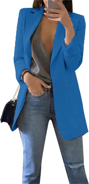 GORIFE Women Long Sleeve Lapel Collar Blazer with Pockets Classic-Fit Jacket Open Front Office Shoulder Suit
