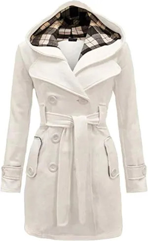 GRASWE Women's Winter Double Breasted Plaid Pea Coat Mid Long Outwear Coat with Hood