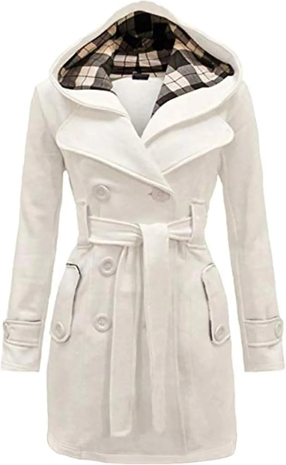 GRASWE Women's Winter Double Breasted Plaid Pea Coat Mid Long Outwear Coat with Hood