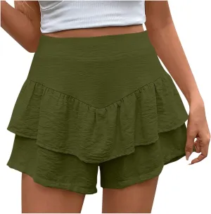 High-Waisted Skirt Shorts for Women Stylish Tummy Control Layered Shirt for Summer Beach Solid Plus Size Casual Short
