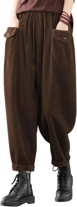 IXIMO Women's Cropped Corduroy Pants Casual Comfy Elastic Waist Cotton Trouser Front Pockets