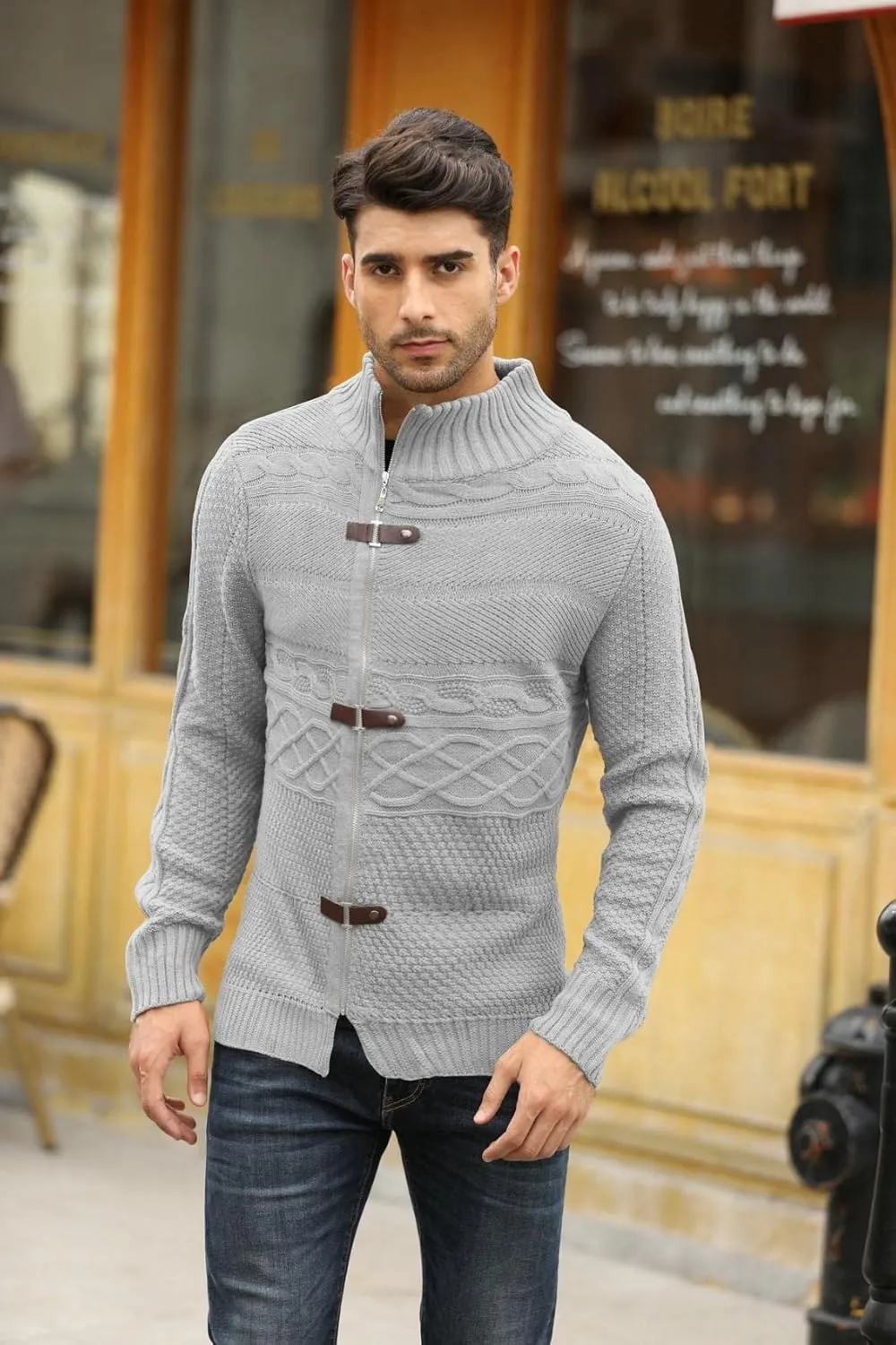 Karlywindow Men's Cable Knitted Oplique Zip Button Front Long Sleeve Cardigan Sweater
