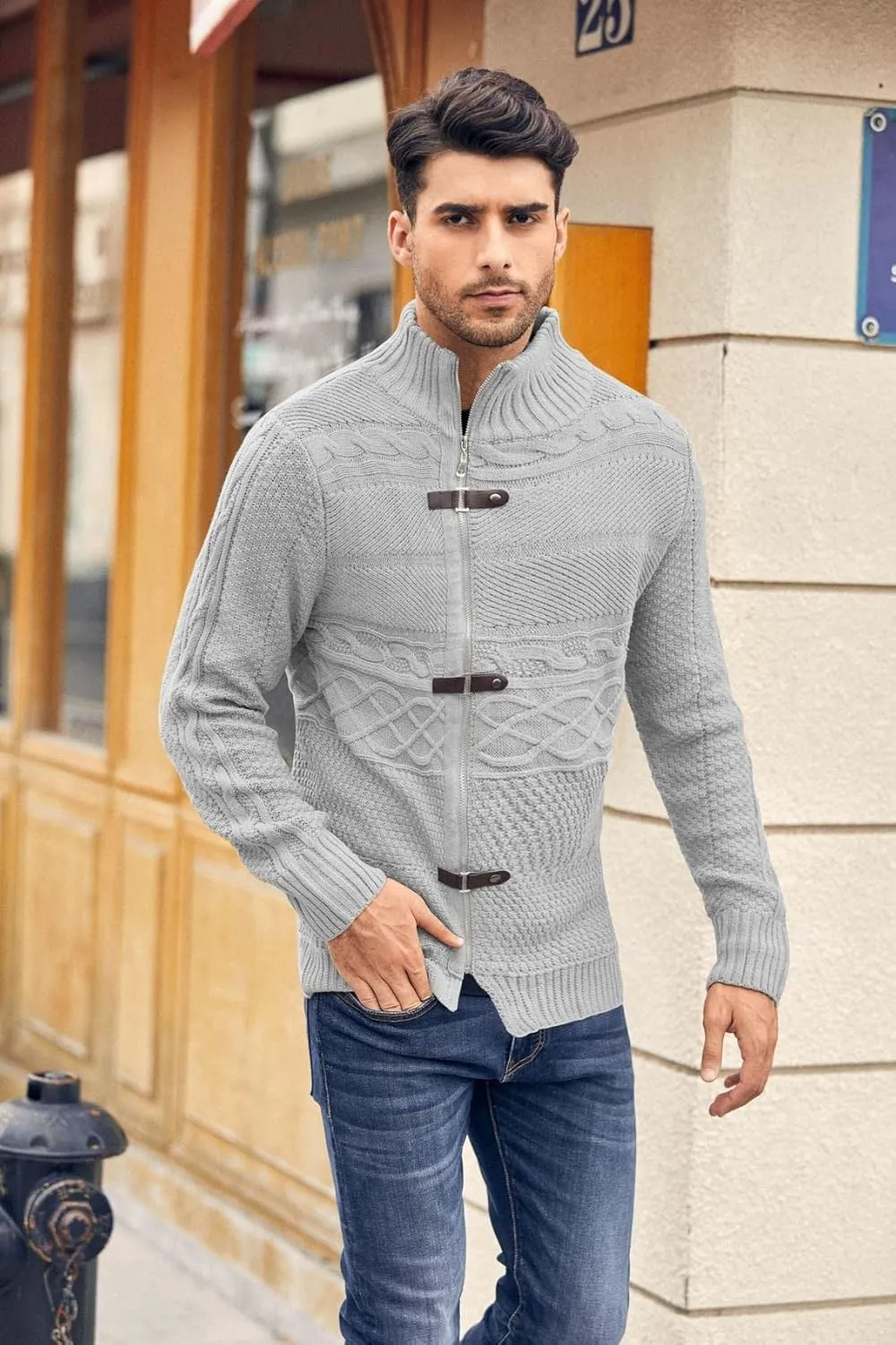 Karlywindow Men's Cable Knitted Oplique Zip Button Front Long Sleeve Cardigan Sweater