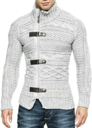 Karlywindow Men's Cable Knitted Oplique Zip Button Front Long Sleeve Cardigan Sweater