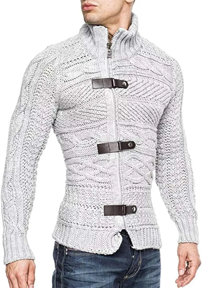 Karlywindow Men's Cable Knitted Oplique Zip Button Front Long Sleeve Cardigan Sweater
