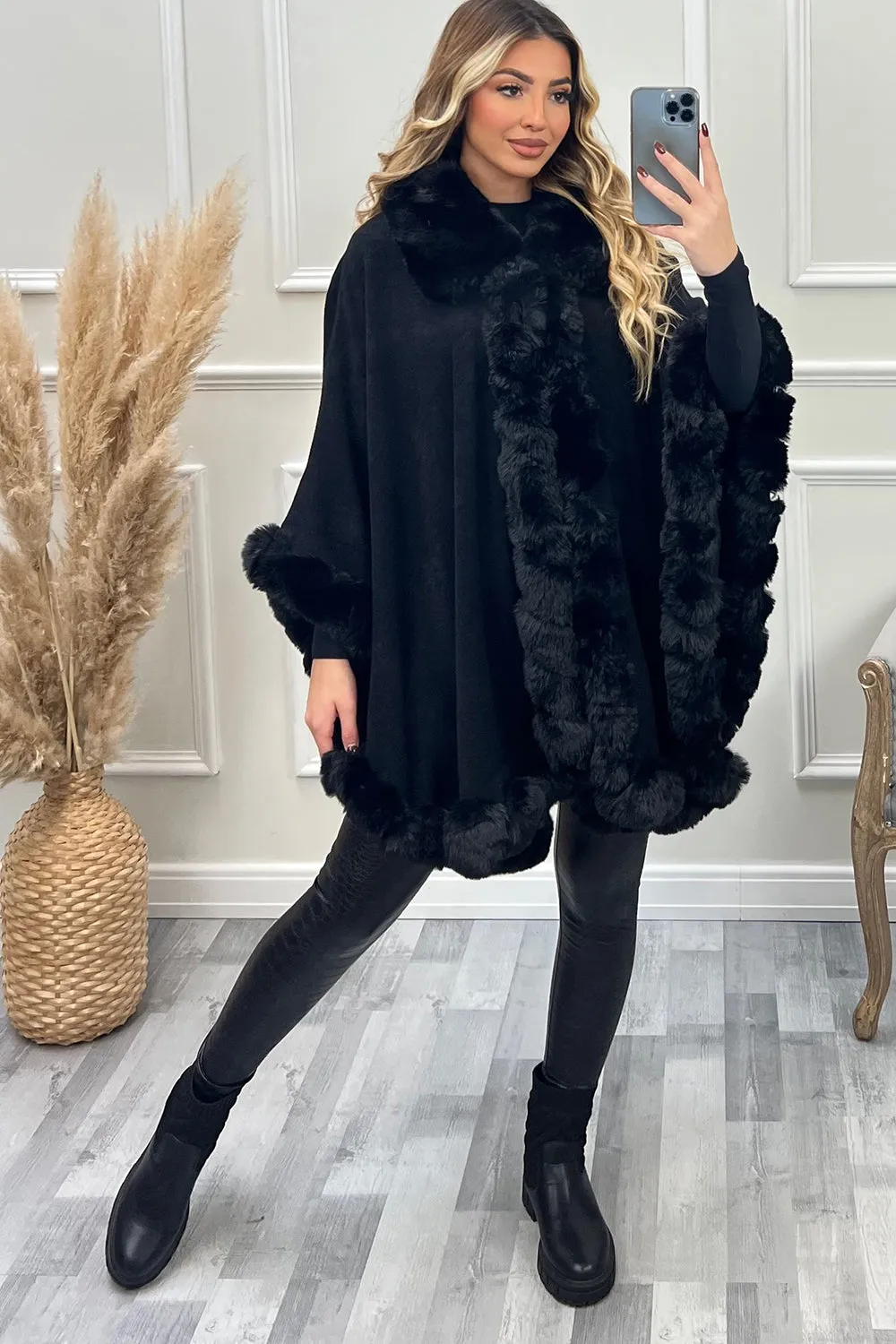 Kimora Black Faux Fur Open Cape