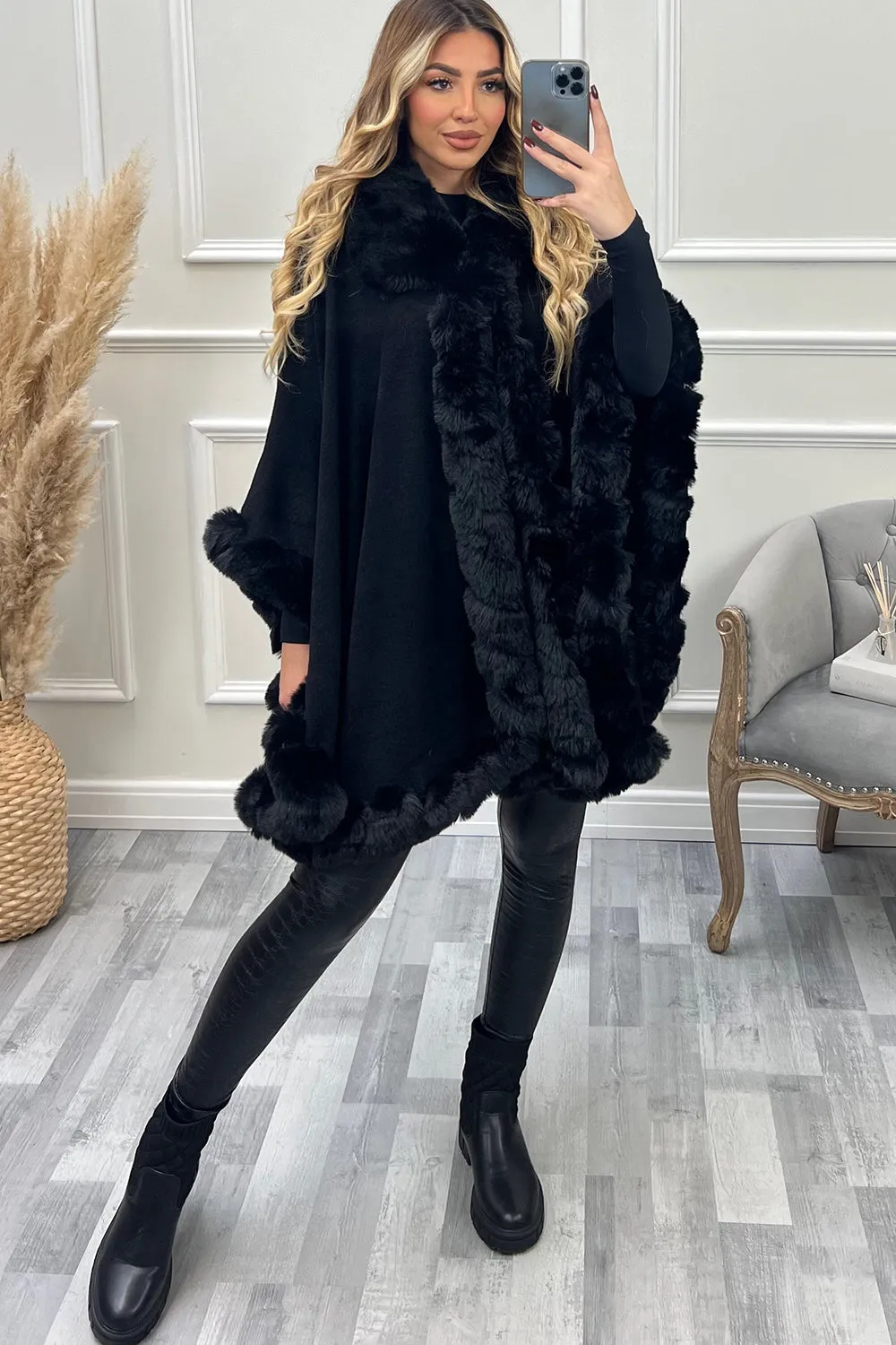 Kimora Black Faux Fur Open Cape