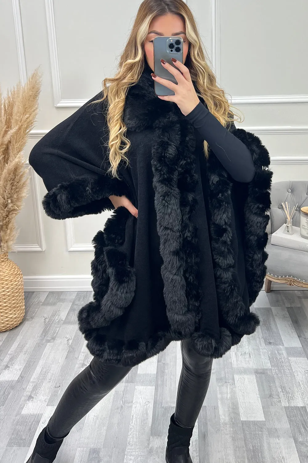 Kimora Black Faux Fur Open Cape