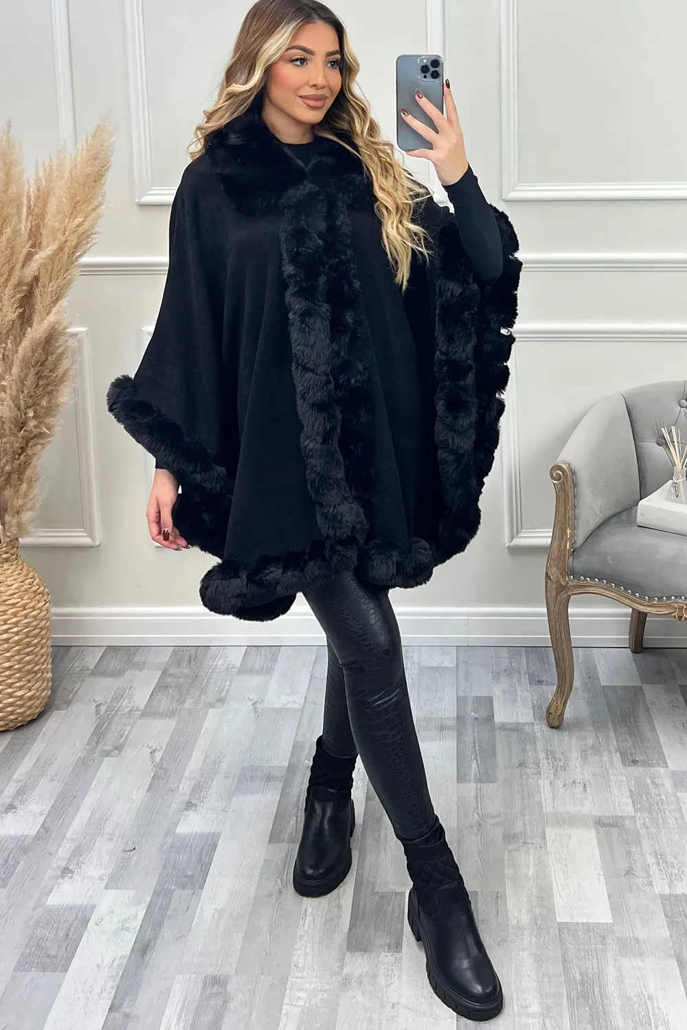 Kimora Black Faux Fur Open Cape