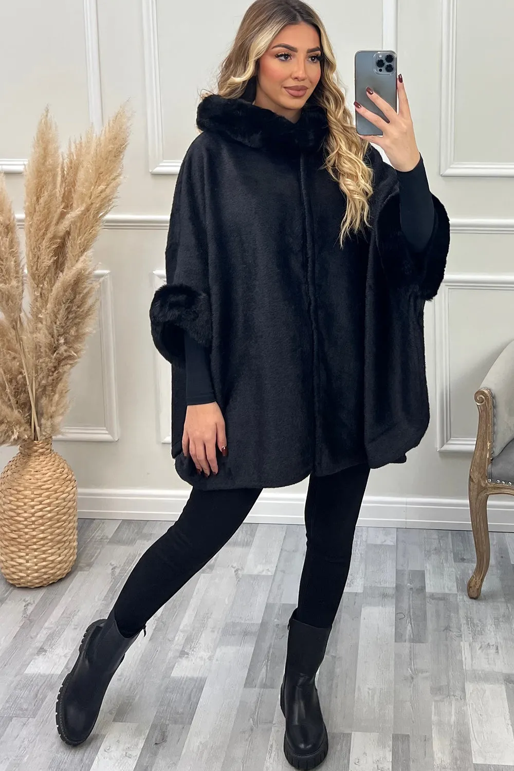 Kynlee Black Faux Fur Hooded Open Cape