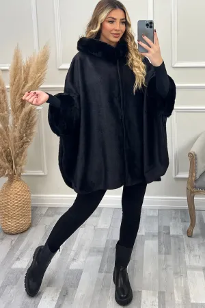 Kynlee Black Faux Fur Hooded Open Cape