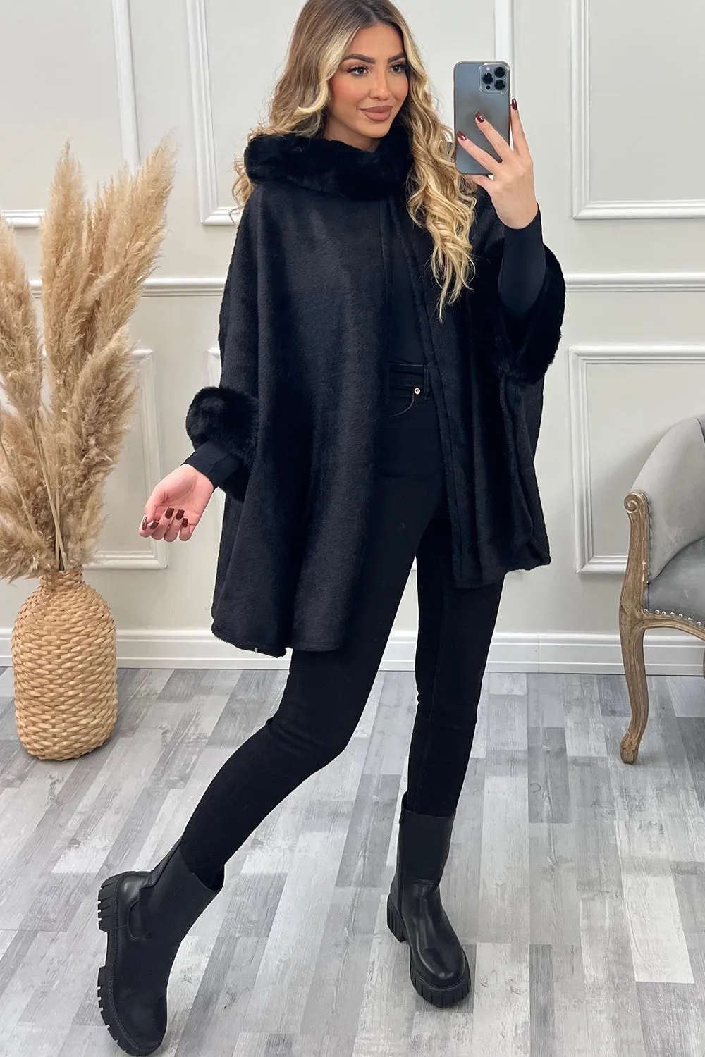 Kynlee Black Faux Fur Hooded Open Cape