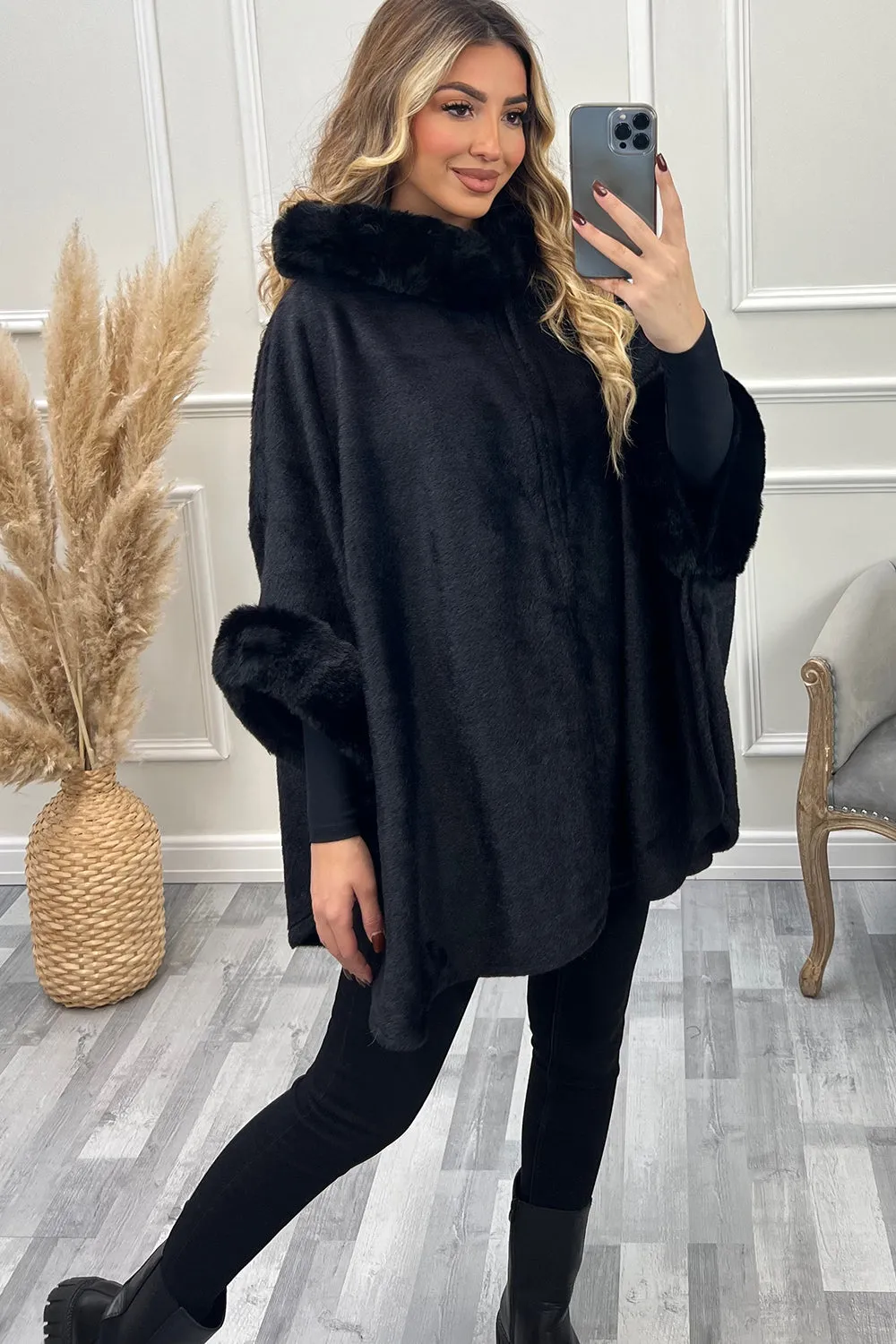 Kynlee Black Faux Fur Hooded Open Cape