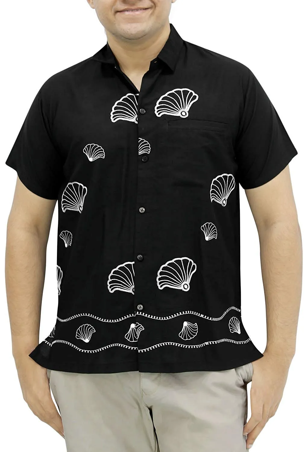 LA LEELA Shirt Casual Button Down Short Sleeve Beach Shirt Men Embroidered 176