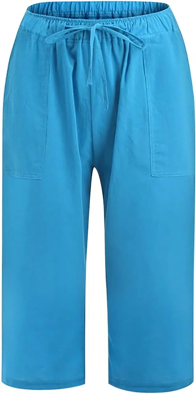 Linen Capri Pants for Women Casual Summer Plus Size Capris Drawstring High Waist Wide Leg Cropped Trouser with Pocket