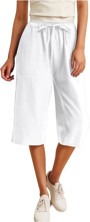 Linen Capri Pants for Women Casual Summer Plus Size Capris Drawstring High Waist Wide Leg Cropped Trouser with Pocket