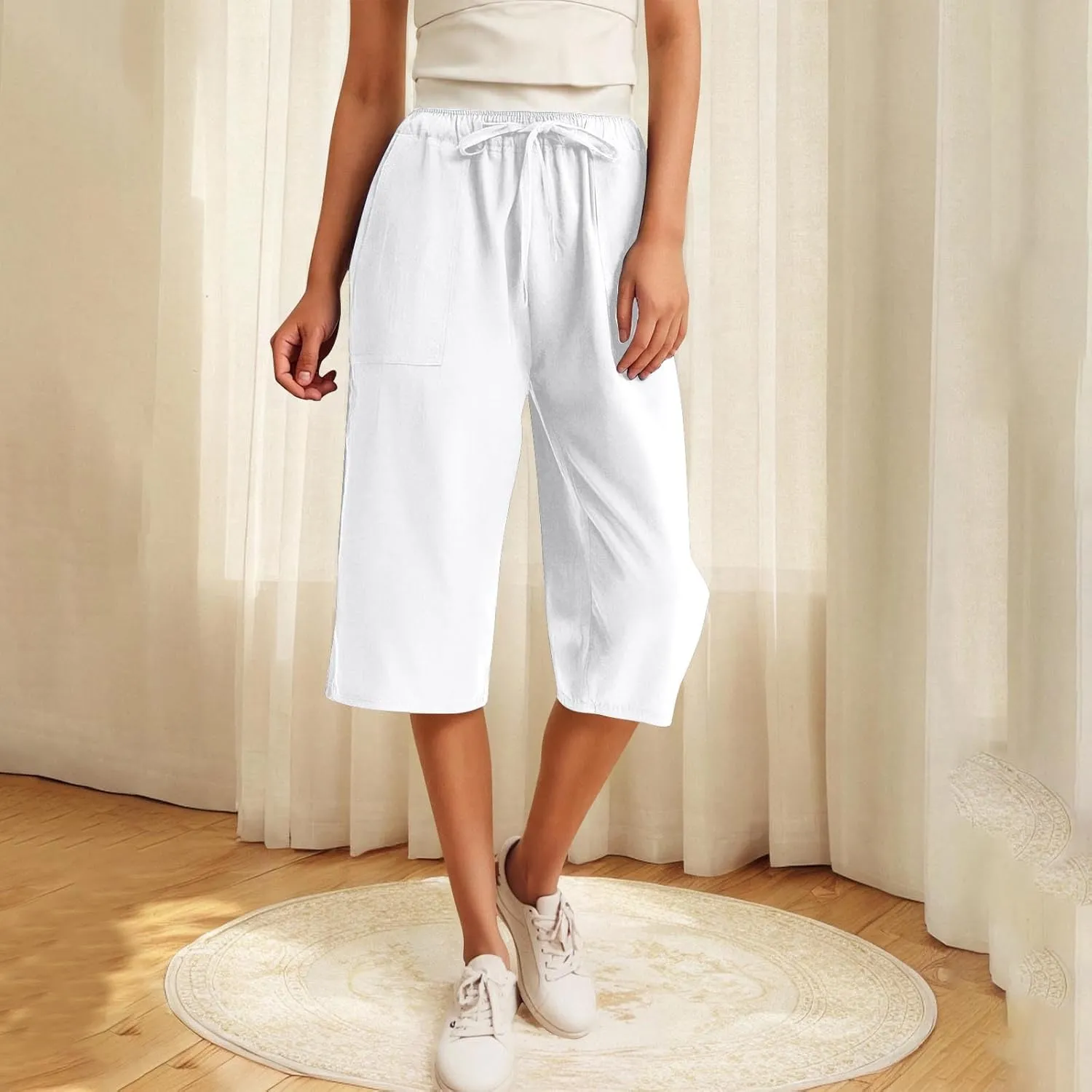 Linen Capri Pants for Women Casual Summer Plus Size Capris Drawstring High Waist Wide Leg Cropped Trouser with Pocket