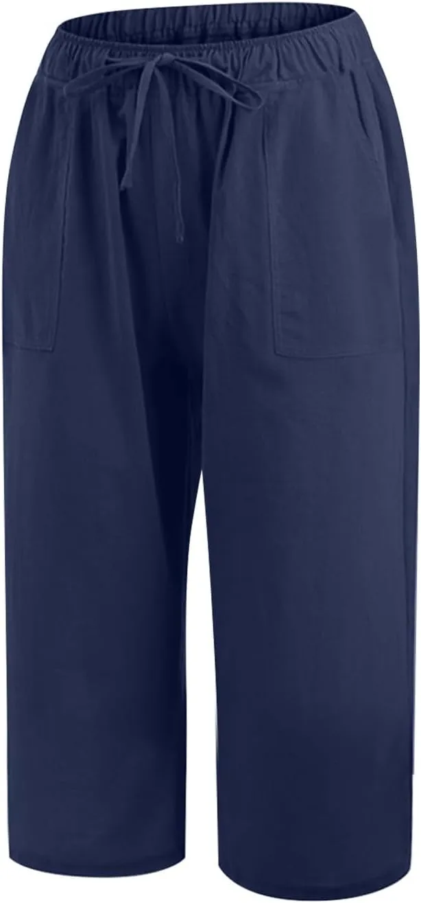 Linen Capri Pants for Women Casual Summer Plus Size Capris Drawstring High Waist Wide Leg Cropped Trouser with Pocket