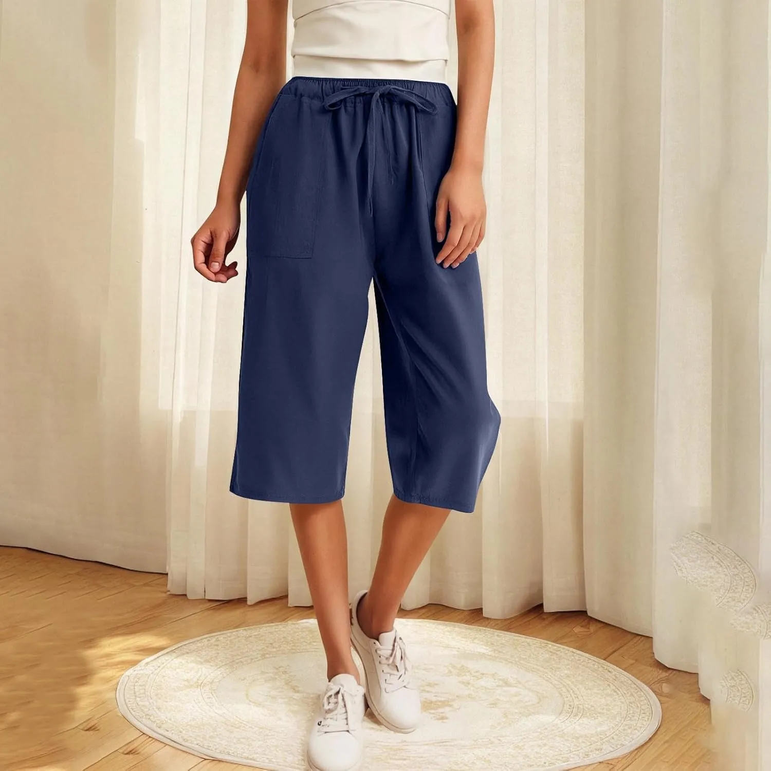 Linen Capri Pants for Women Casual Summer Plus Size Capris Drawstring High Waist Wide Leg Cropped Trouser with Pocket