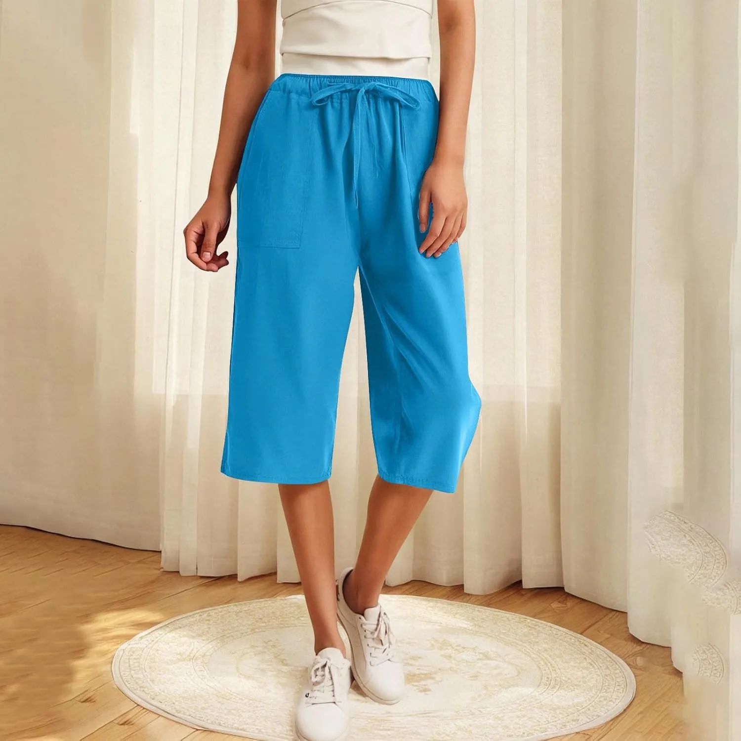 Linen Capri Pants for Women Casual Summer Plus Size Capris Drawstring High Waist Wide Leg Cropped Trouser with Pocket
