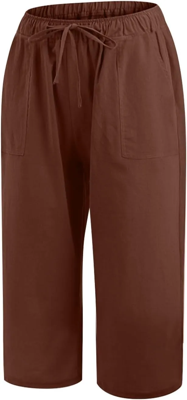 Linen Capri Pants for Women Casual Summer Plus Size Capris Drawstring High Waist Wide Leg Cropped Trouser with Pocket