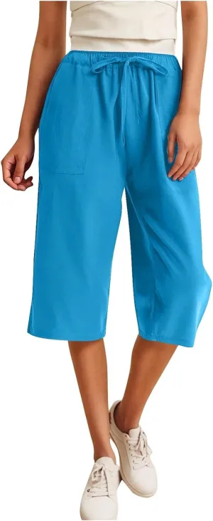 Linen Capri Pants for Women Casual Summer Plus Size Capris Drawstring High Waist Wide Leg Cropped Trouser with Pocket