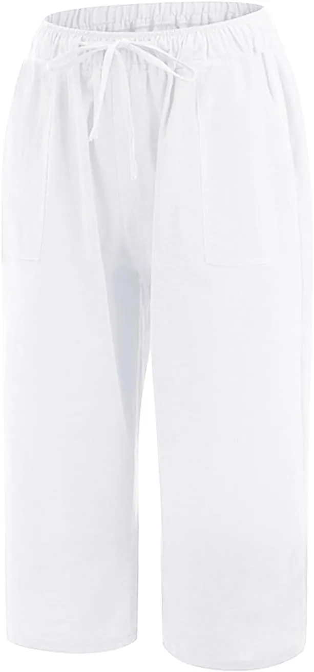 Linen Capri Pants for Women Casual Summer Plus Size Capris Drawstring High Waist Wide Leg Cropped Trouser with Pocket