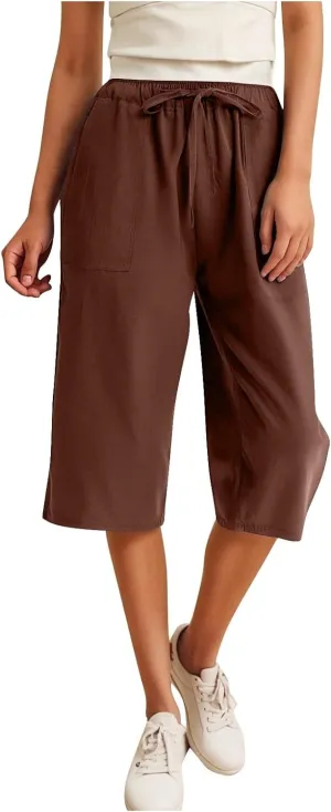Linen Capri Pants for Women Casual Summer Plus Size Capris Drawstring High Waist Wide Leg Cropped Trouser with Pocket
